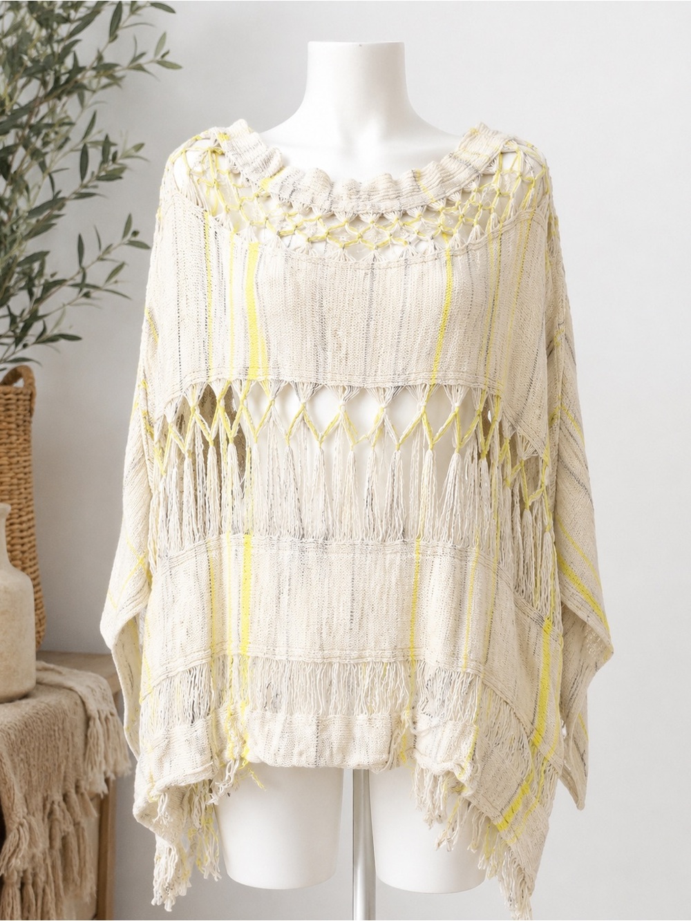 Free People Cream and Yellow Open-Knit Fringe Poncho